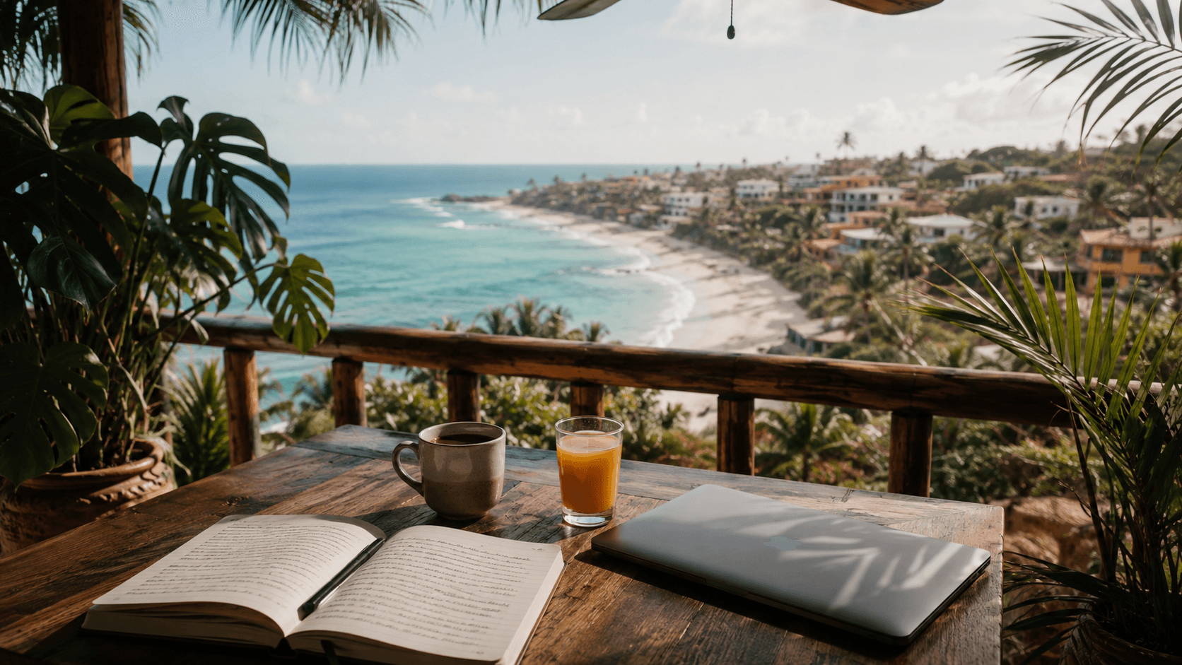 Tropical balcony workspace overlooking the coast